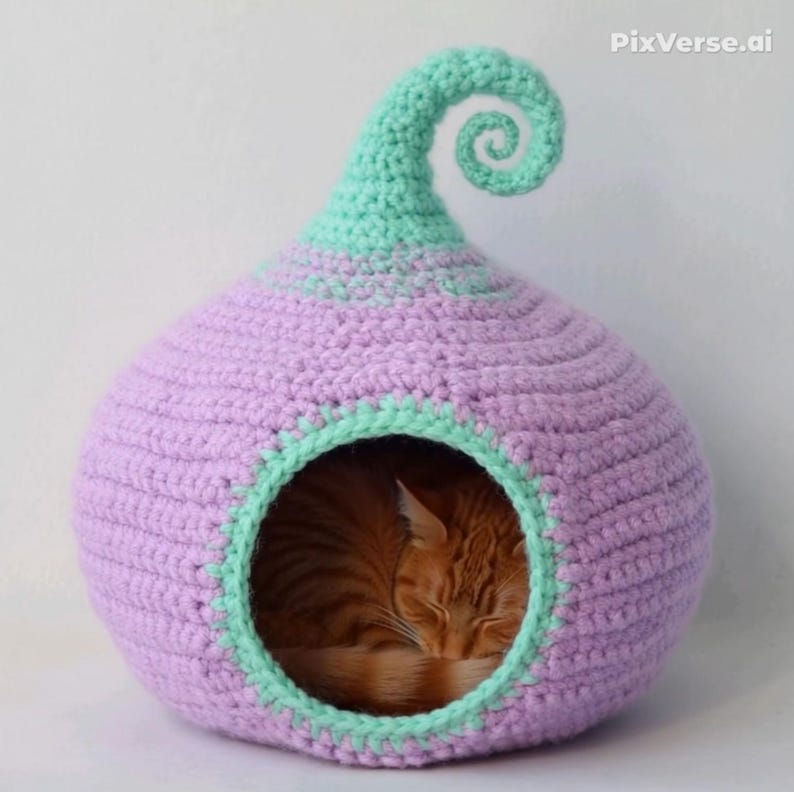 May include: A handmade crochet cat bed in a whimsical design. The bed is a soft purple with a mint green trim and a decorative swirl at the top. An orange cat is curled up asleep inside the cozy, enclosed space.