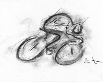 Dibujo a lápiz azul y tinta sobre papel - Ciclista de Lionel Le Jeune, obra de arte única - Decoración deportiva