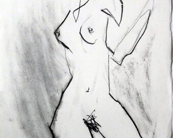 Houtskooltekening op papier - vrouwelijk naakt van Lionel Le Jeune, uniek expressionistisch werk