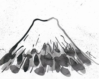 Tuschezeichnung auf Papier – Berg Fuji von Lionel Le Jeune, Unikat, grafische Naturdekoration für eine Kunstsammlung