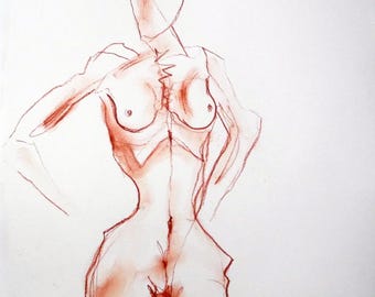 Dibujo en sanguina sobre papel: desnudo femenino de Lionel Le Jeune, obra expresionista única.