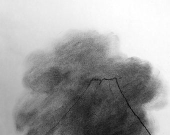 Charcoal drawing on paper - Tree silhouette, Mount Fuji, by Lionel Le Jeune, unique artwork, graphic nature decoration for an art collection