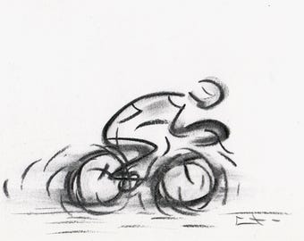 Blue pencil and ink drawing on paper - Cyclist by Lionel Le Jeune, unique artwork - Sports decor