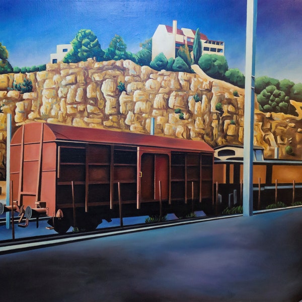 Table oil on canvas 81 x 65 cm, Train and Wagon à cerber, 18 H by Lionel Le Jeune, work UNIQUE (youth work)