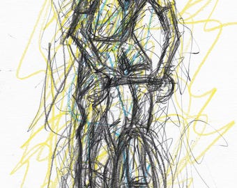 Dibujo a lápiz azul, amarillo y tinta sobre papel - Ciclista de Lionel Le Jeune, obra de arte única - Decoración deportiva