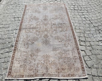 Grey overdyed Rug with flower patterns, Turkish Oushak Rug, Handmade Gray Rug, Vintage Rug  (215 cm x 119 cm)  7,0 feet x 3,9 feet model:772
