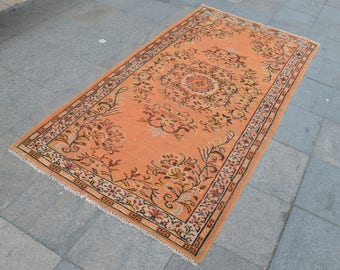 DECORATIVE Orange Turkish Rug , NON Overdyed Rug, Handmade Area Rug, Vintage oushak floor Rug  (234 cm x 122 cm)  7,6 ft x 4 ft  model: 805