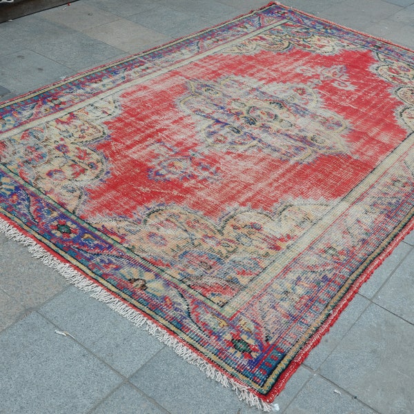 ROUGE et bleu tapis, tapis turc Oushak, délavé tapis tapis, tapis de Overdyed fait à la main, Vintage (301 x 190 cm) 9,8 pieds x 6,2 pieds modèle : 834