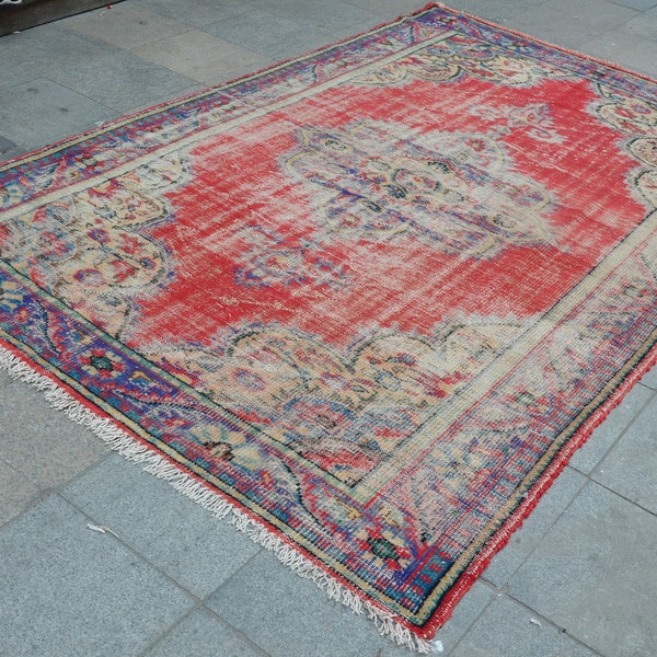 RED and Blue Rug, Turkish Oushak Rug, FADED RUG, Handmade Overdyed Rug, Vintage Area Rug   (301 cm x 190 cm)  9,8 feet x 6,2 feet model: 834