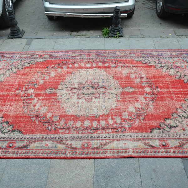 Tapis turc, tapis rouge Vintage Bohème tapis, tapis fait à la main, avec fleur motifs plancher tapis (310 cm x 200 cm) 10,1 pi x 6,5 pi modèle : 842