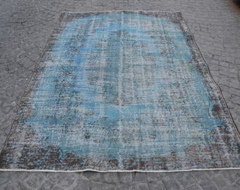 Vintage Overdyed Turquoise Carpet, Turkish Oushak Rug, Blue Rug, Turquoise Handmade Rug  (250 cm x 177 cm) 8,2 feet x 5,8 feet model: 790