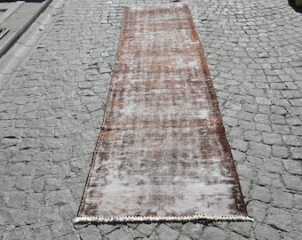 Long BROWN Oushak Runner Rug, Turkish Rug, Handmade Overdyed Carpet, Vintage Runner Rug, Size (326 cm x 79 cm) 10,6 ft x 2,6 ft model: 762