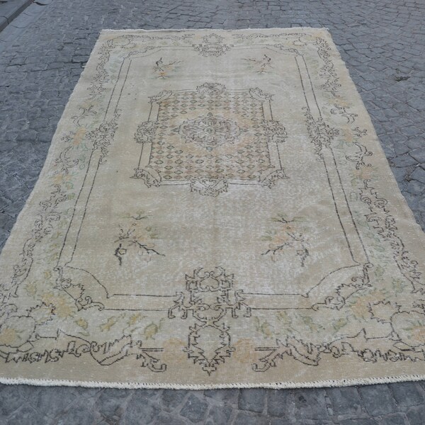 Alfombra sobresalida con grandes patrones, alfombra beige hecha a mano turca, alfombra vintage oushak, (290 cm x 173 cm) 9,5 pies x 5,6 pies modelo: 786