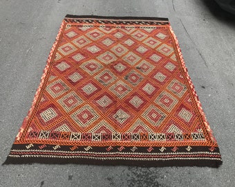 Geometric Turkish Kilim, Goat Hair Rug, Geometric Kelim Carpet, Modern Rug, Ethnic Rug, Vintage Kilim Rug (235 cm x 163 cm)  7,7 ft x 5,3 ft