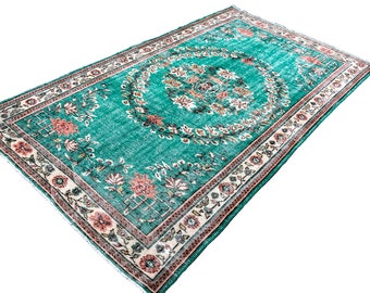 Turquoise Area Rug, Hand knotted Oushak Rug, Decorative Turkish Rug, Floral Rug, Handmade Bohemian Rug  (293 cm x 175 cm)  9,6 ft x 5,7 ft