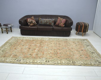 Faded Turkish Orange Rug, Flower Design Carpet, Wool Boho Decor Rug, Anatolian Rug, Antique Woven Carpet, (258 Cm x 151 Cm) 8.5 x 5 Feet