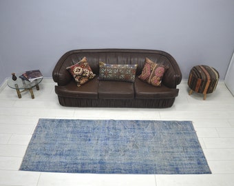 Handmade Blue Overdyed Runner Rug, Turkish Oushak Carpet, Runner Vintage Royal Blue Rug, Kitchen Runner Rug, Handmade Faded Rug, (221x190)
