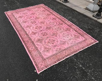 Distressed Turkish Rug, Ethnic Oushak Rug, Handmade PINK Overdyed Rug, Vintage Handwoven Rug (297 cm x 173 cm)  9,7 ft x 5,6 ft  model:1083