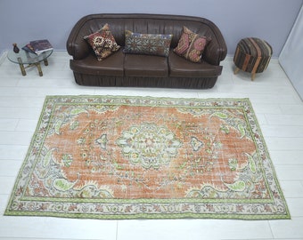 Orange And Green Overdyed Rug, Turkish Handmade Oushak Carpets, Vintage Overdyed Rugs, Size is (245 cm x 162 cm)  8,5 feet x 5,3 feet