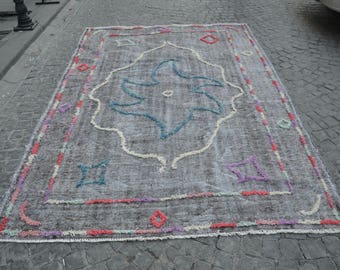 Decorative GREY POMPOM Rug, Re-designed Vintage Overdyed Rug, Turkish Oushak Rug, Handmade Gray Rug, POMPOM Rug  9,7 ft x 6,2 ft  model:r21