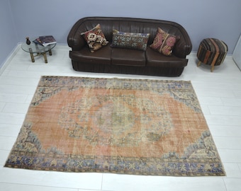 Orange Overdyed Rug, Hand Knotted Living Room Carpet, Faded Wool Large Rug, Antique Rustic Decor Rug, (234 Cm x 169 Cm ) 7.7x5.5 Feet