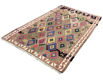 Large Kilim Rug, Vintage Kilim Rug, Geometric Authentic Rug, Oushak Kilim Rug, Handwoven Kilim Carpet, Nomadic Rug (328 x 200 cm) 10,7 x 6,5