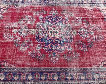 9x5,7 Feet Antique Turkish Oushak Rug, Turkish Faded Rug, FLORAL RUG, Handmade RED Overdyed Carpet, Vintage Red Area Rug  (274 cm x 174 cm)