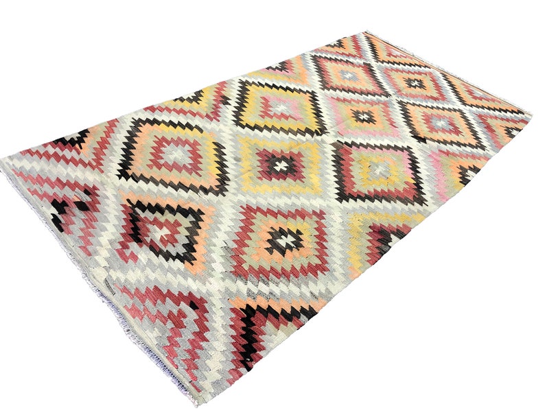Vintage Geometric Rug, Authentic Turkish Kilim Rug, Handwoven Boho Rug