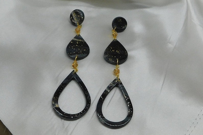 Dangle. Teardrop Large Stud Backing Long Drop BlackGoldWhite Marbled Polymer Clay Earrings with Glass Bead and Gold Findings
