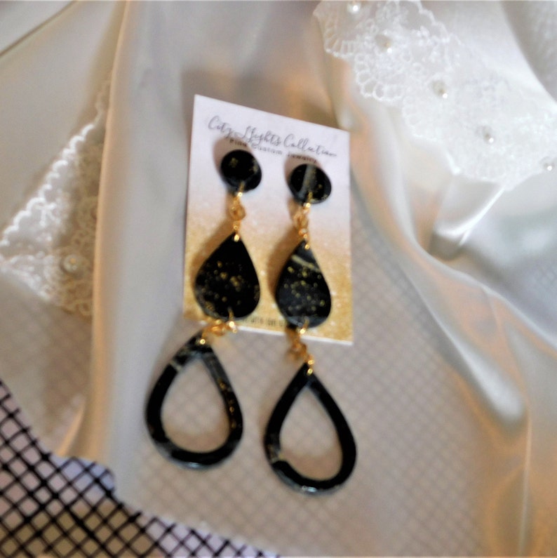 Dangle. Teardrop Large Stud Backing Long Drop BlackGoldWhite Marbled Polymer Clay Earrings with Glass Bead and Gold Findings