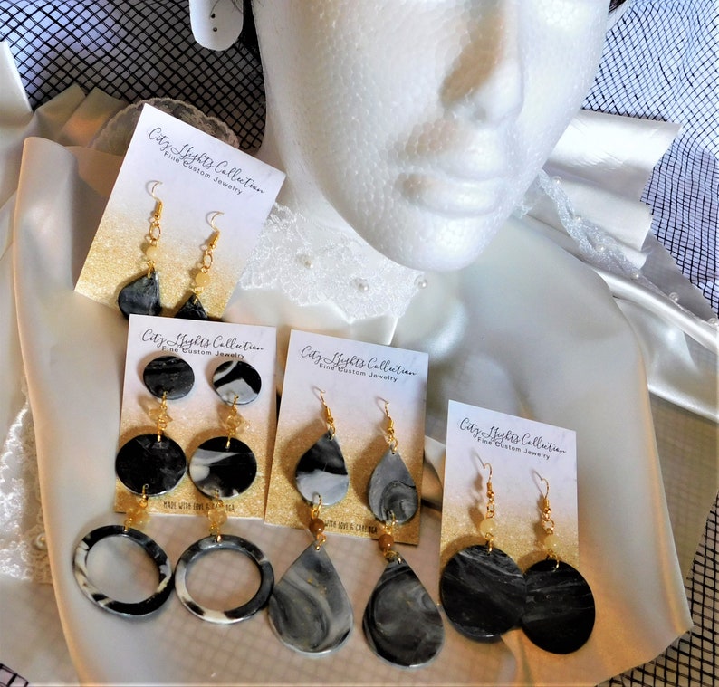 Dangle. Teardrop Large Stud Backing Long Drop BlackGoldWhite Marbled Polymer Clay Earrings with Glass Bead and Gold Findings