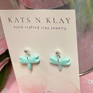 Dragonfly Polymer Clay Earrings, Dangle, stainless steel posts, light blue and granite, 1 inch.x.50