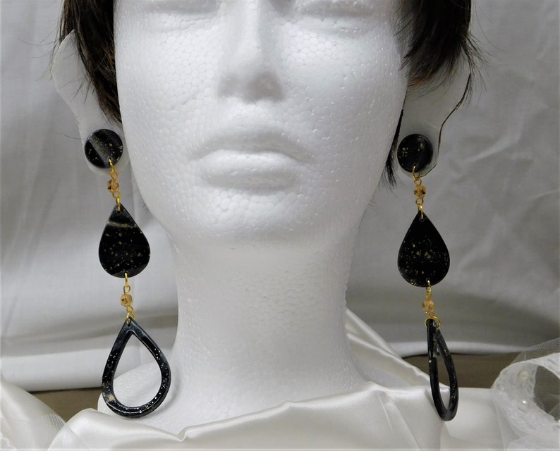 Dangle. Teardrop Large Stud Backing Long Drop BlackGoldWhite Marbled Polymer Clay Earrings with Glass Bead and Gold Findings