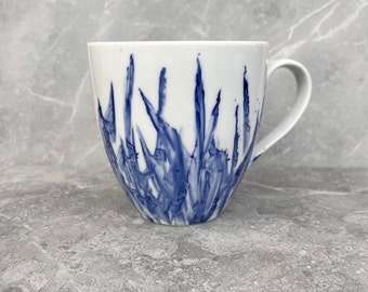 MUG extra large en porcelaine avec motif HERBE pour les amoureux de la nature, peinte à la main en bleu et émaillée,