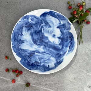 Plate HAND-PAINTED with Original Modern Abstract Pattern, Delft Blue and White Colour