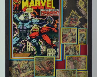 Captain Marvel Vol 1, #33 (1974) featuring Thanos - Original 3D Comic Collage 12" x 16"