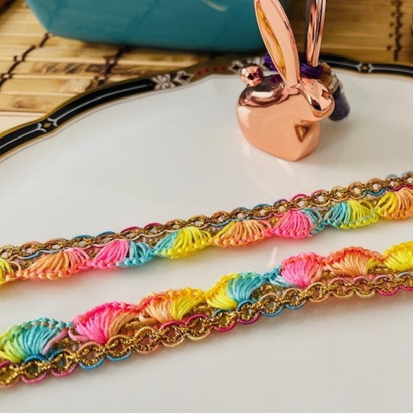 Rainbow Lace Woven with Gold & Pastel Color Threads. Perfect for crafting, sewing, upholstery, jewelry, hat making, journaling and more!