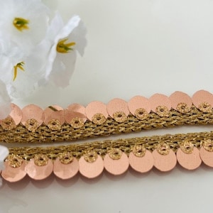 May include: Gold trim with pink sequins, a decorative trim for sewing or crafting projects.