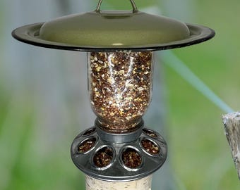 Avocado Green Mason Jar Bird Feeder with 10" Upcycled Lid Roof – Hummingbird or Bird Seed Option, Vintage Style Garden Decor, Eco-Friendly