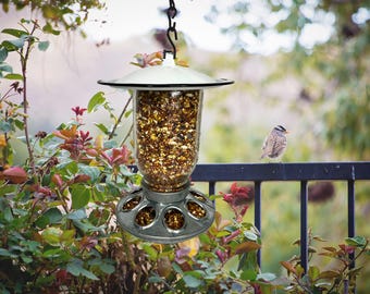 Upcycled Mason Jar Bird Feeder, Seed or Hummingbird Base Option, 7" White & Black Vintage Enamelware Roof, Rustic Charm for Your Garden,