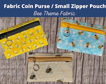 Bee Fabric Coin Purse, Small Pouch with Key Ring, Gift Card Pouch, Bumblebee, Multi Use Small Bag, Eco Friendly