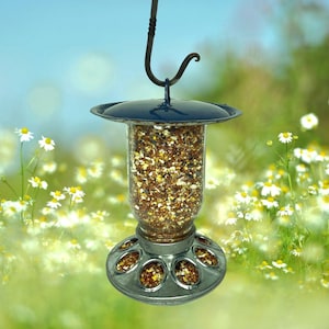 Upcycled Compact Mason Jar Bird Feeder – 7&quot; Antique Slate Blue Enamelware Roof, Seed or Hummingbird Option