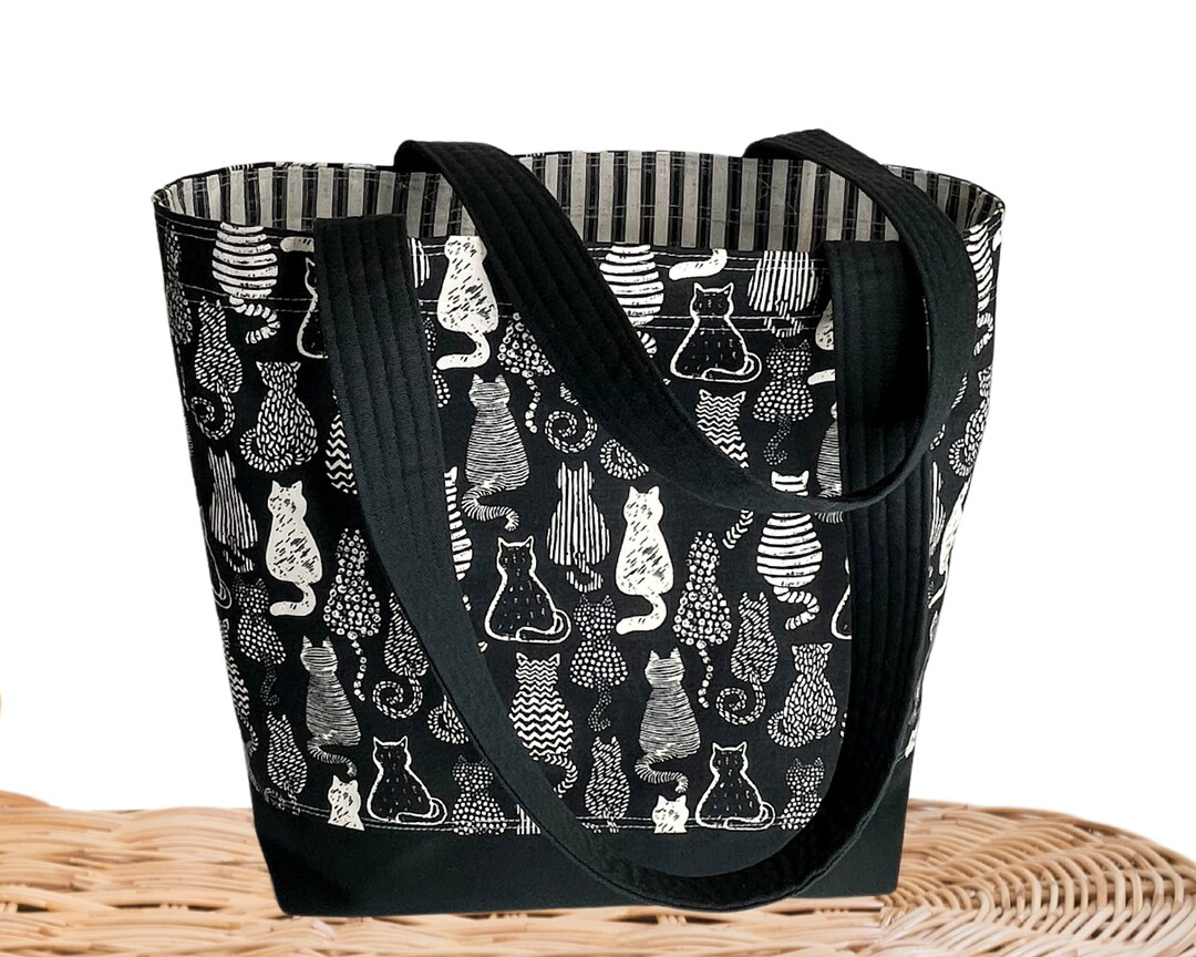 Cat Theme Fabric Tote Bag, Cat Shapes on Black Background, Multipurpose ...