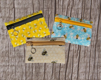 Bee Fabric Coin Purse, Small Pouch with Key Ring, Gift Card Pouch, Bumblebee, Multi Use Small Bag, Eco Friendly