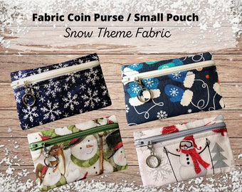 Snow Theme: Small Fabric Coin Purse, Pouch with Key Ring, Gift Card Pouch, Multi Use Small Bag, Eco Friendly Pouch