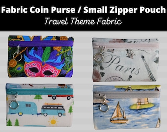 Travel Theme: Small Fabric Coin Purse, Pouch with Key Ring, Gift Card Pouch, Multi Use Small Bag, Eco Friendly