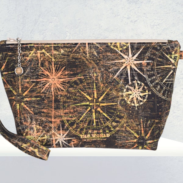 Compass Rose Fabric Zipper Pouch, Multipurpose Bag, Roomy Medium Size with Interior Pocket, Wrist Strap, Zipper Charm