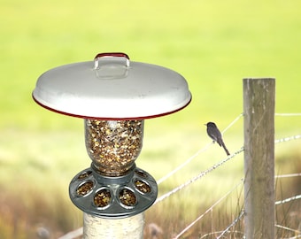 Upcycled Mason Jar Bird Feeder- 9" White Enamelware with Red-Rimmed Dome Lid Roof, Bird Seed or Hummingbird Base Option