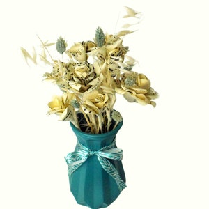 Music Paper Rose Floral Arrangement in Aqua Vase