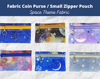 Celestial Theme: Stars and Moons, Small Fabric Coin Purse, Pouch with Key Ring, Gift Card Pouch, Multi Use Small Bag, Eco Friendly